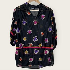 Harlow Vintage 80’s/90’s Fruit Pattern 3/4 Sleeve Sheer Blouse Black Size Medium